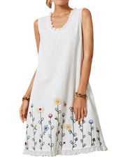 Vintage Flower Embroidery Lace Stitching Sleeveless Casual Dress