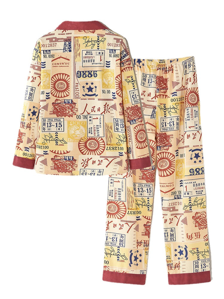 Women's Vintage Chinese Print Cotton Pajama Set - Button Up, Long Sleeve, Elastic Waist