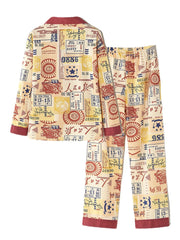 Women's Vintage Chinese Print Cotton Pajama Set - Button Up, Long Sleeve, Elastic Waist
