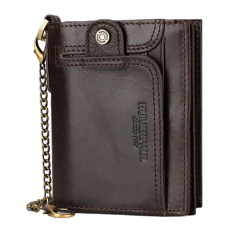 Men Genuine Leather RFID Anti-theft Zipper Multi-slot Card Holder Wallet With Chain