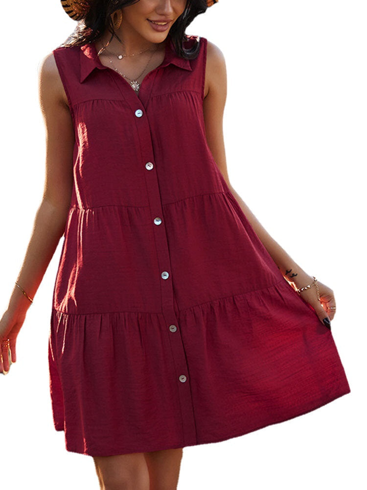 Solid Color Lapel Sleeveless Button Loose Casual Dress For Women