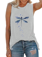 Women Dragonfly Print Sleeveless Casual Tank Tops