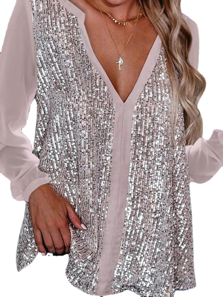 Women Sequins Patchwork V-Neck Long Sleeve Stylish Blouse