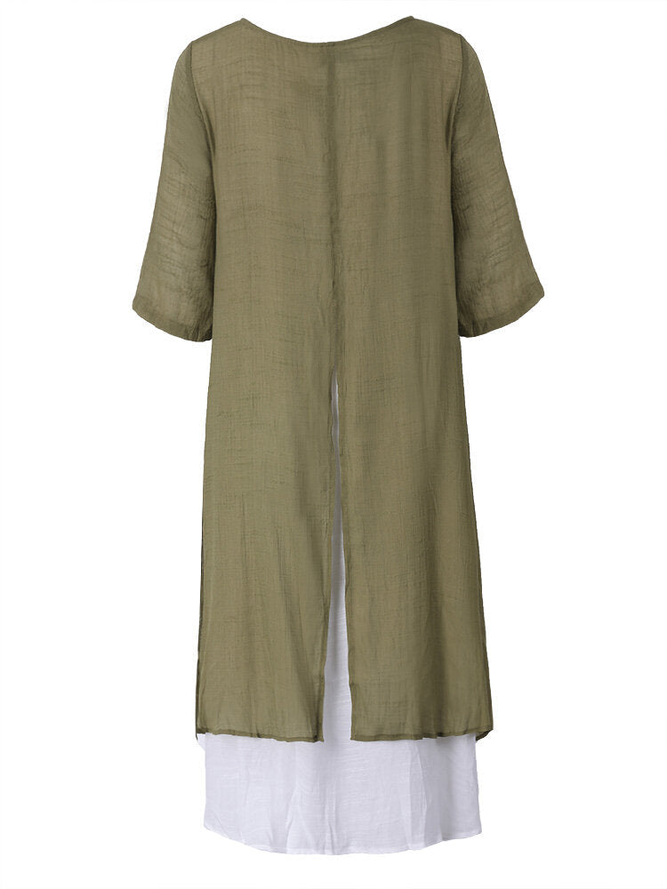 Vintage Casual False Two Pieces Linen Slit Maxi Dress For Women