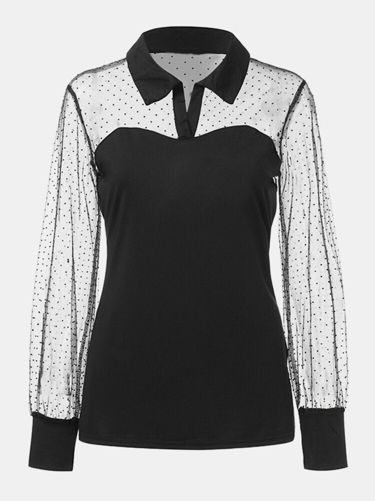 Women Polka Dot Lace Lapel See Through Patchwork Black Blouse