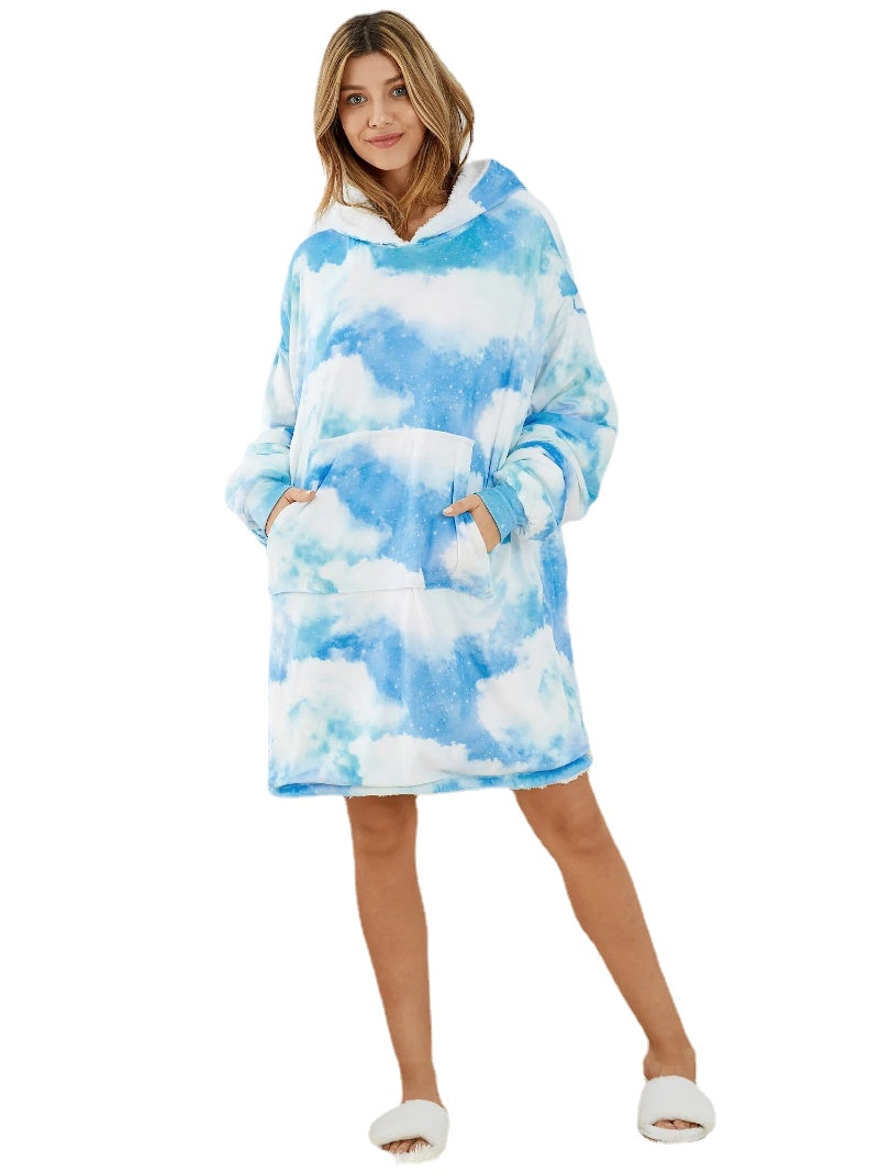 Women Sky Landscape Print Pouch Pocket Reversible Blanket Hoodie Warm Thicken Oversized Homewear