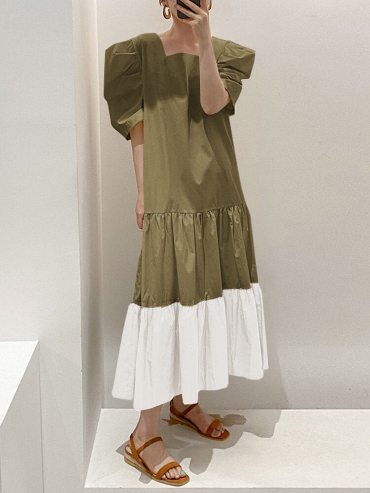 Puff Sleeve Spliced Pleated Solid Loose Summer Dress For Women