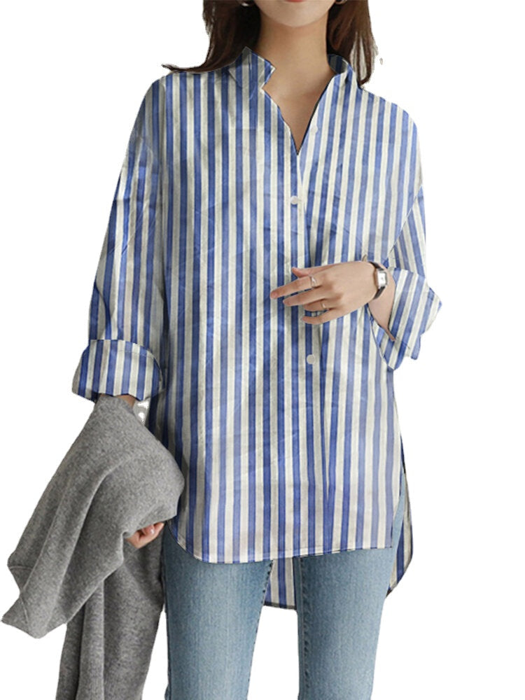 Women Vertical Stripe Print Split Irregular Hem Long Sleeve Casual Shirt With Pocket