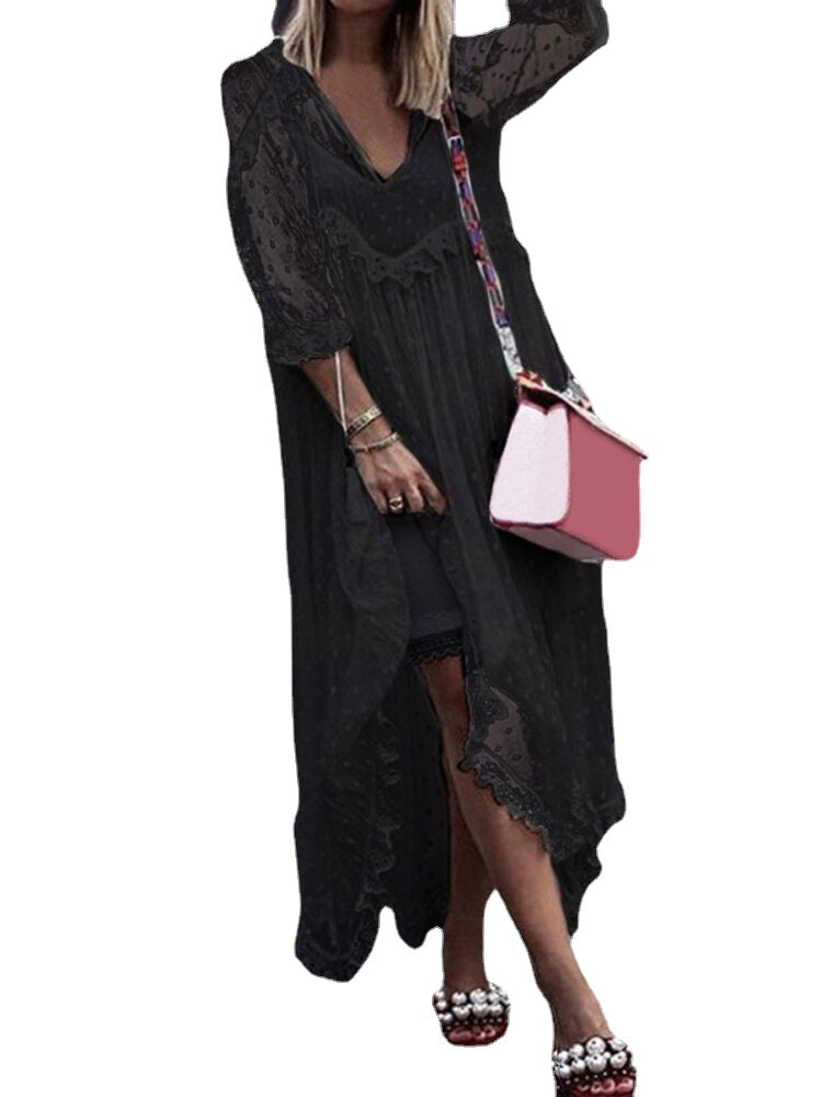 Summer Women V Neck Long Sleeve See Through Casual Loose Lace Maxi Dress