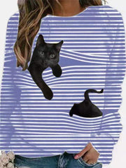 Women 3D Black Cat Print Long Sleeve Striped Casual Blouse