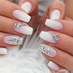 Luxurious 24-Piece Pink & White French-Tip Coffin Press-On Nails with Rhinestones - Glossy Finish for Special Occasions