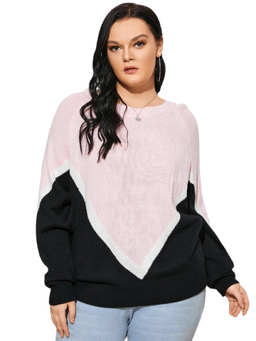 Plus Size Crew Neck Color Block Patchwork Long Sleeves Sweater