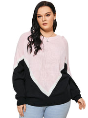 Plus Size Crew Neck Color Block Patchwork Long Sleeves Sweater