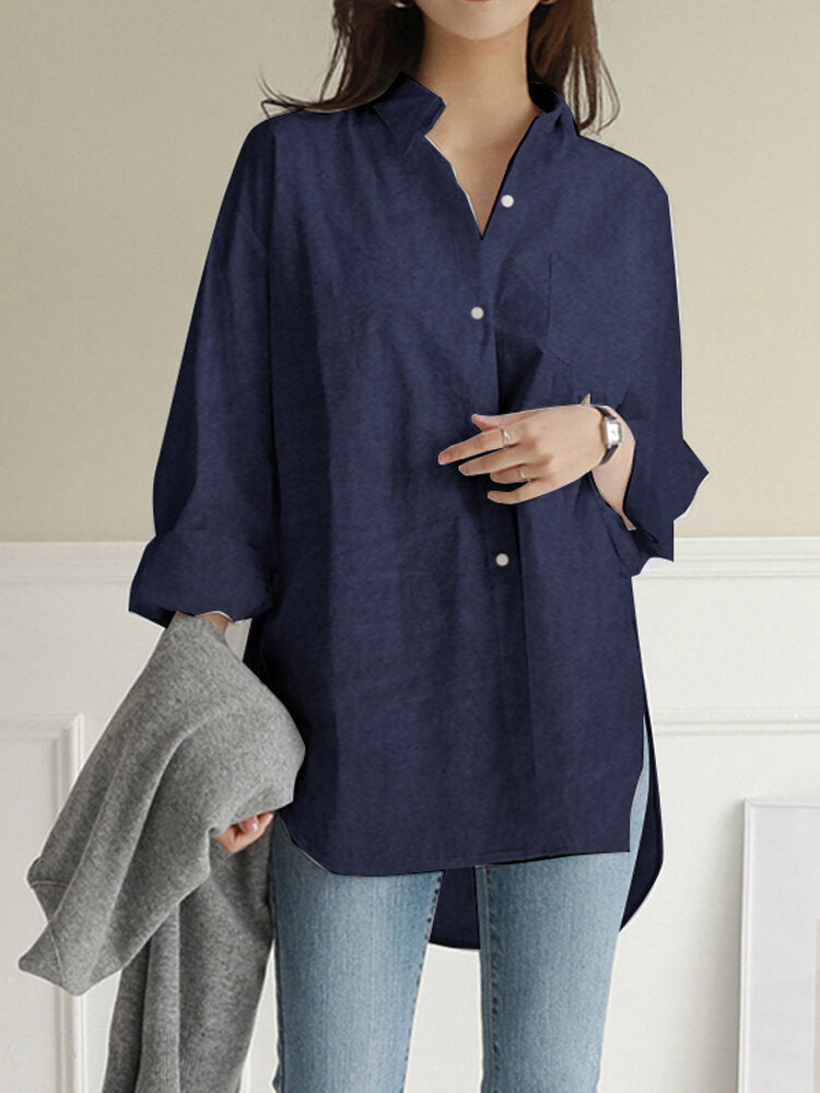 Women Solid Color Turn-down Collar Blouse Irregular Hem Chest Pocket Splited Denim Shirts