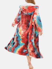 Women Tie Dye Fleece Hooded Double Pocket Sashes Loose Bathroom Robes Home Sleepwear
