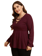 Plus Size V-neck Waffle Knit Criss-Cross Long Sleeves Knitwear