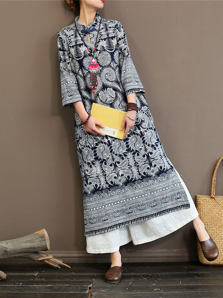 Women Vintage Print Stand Collar 3/4 Sleeve Dress with Pockets