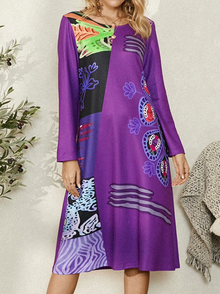 Print Colorclock O-Neck Long Sleeve Vintage Casual Midi Dress For Women
