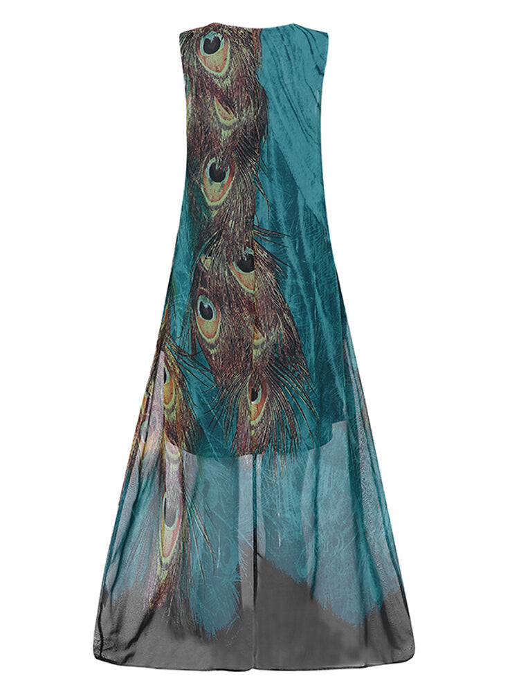 Women Sleeveless Peacock Print Bohemia Beach Long Maxi Dress