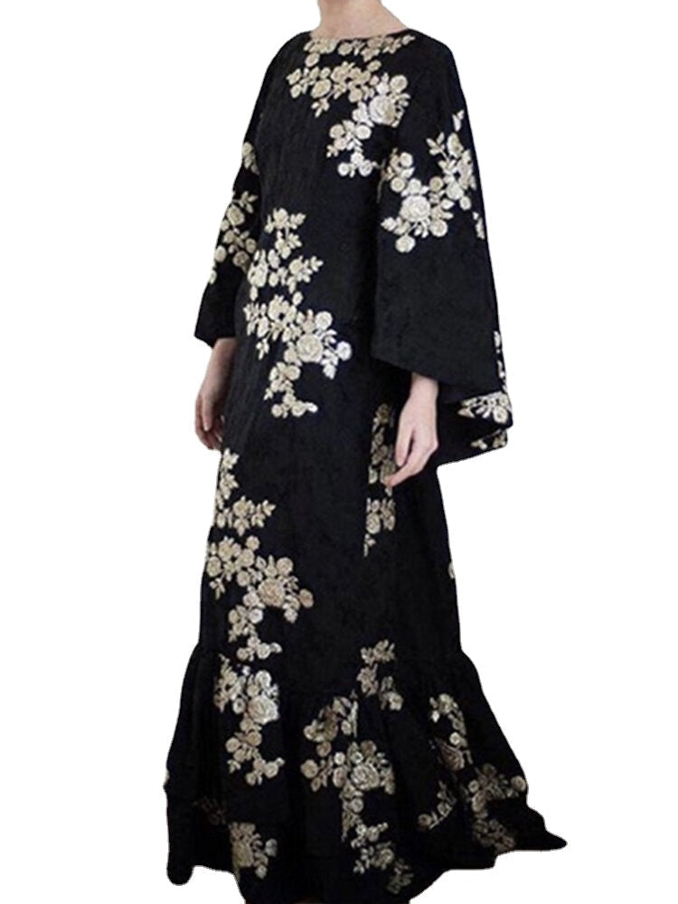 Floral Print Patchwork Crew Neck Button Back Long Sleeve Casual Maxi Dress