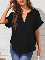 Solid V Neck Short Sleeve Loose Casual Blouse