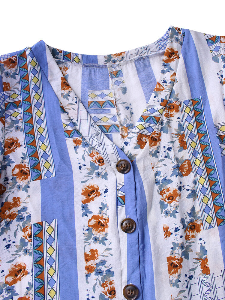 Women Print V-neck Ruffled Short Sleeve Pockets Summer Dress