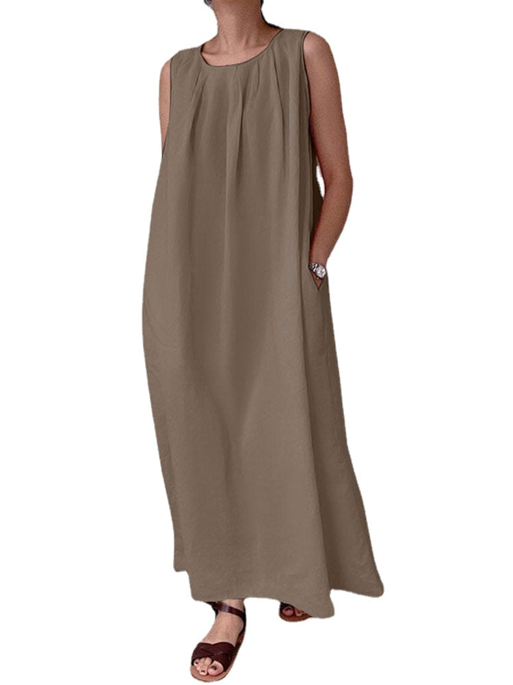 Solid Pocket Cotton Ruched Round Neck Sleeveless Maxi Dress