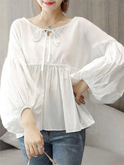 Solid Knotted Ruched Puff Sleeve Casual Blouse