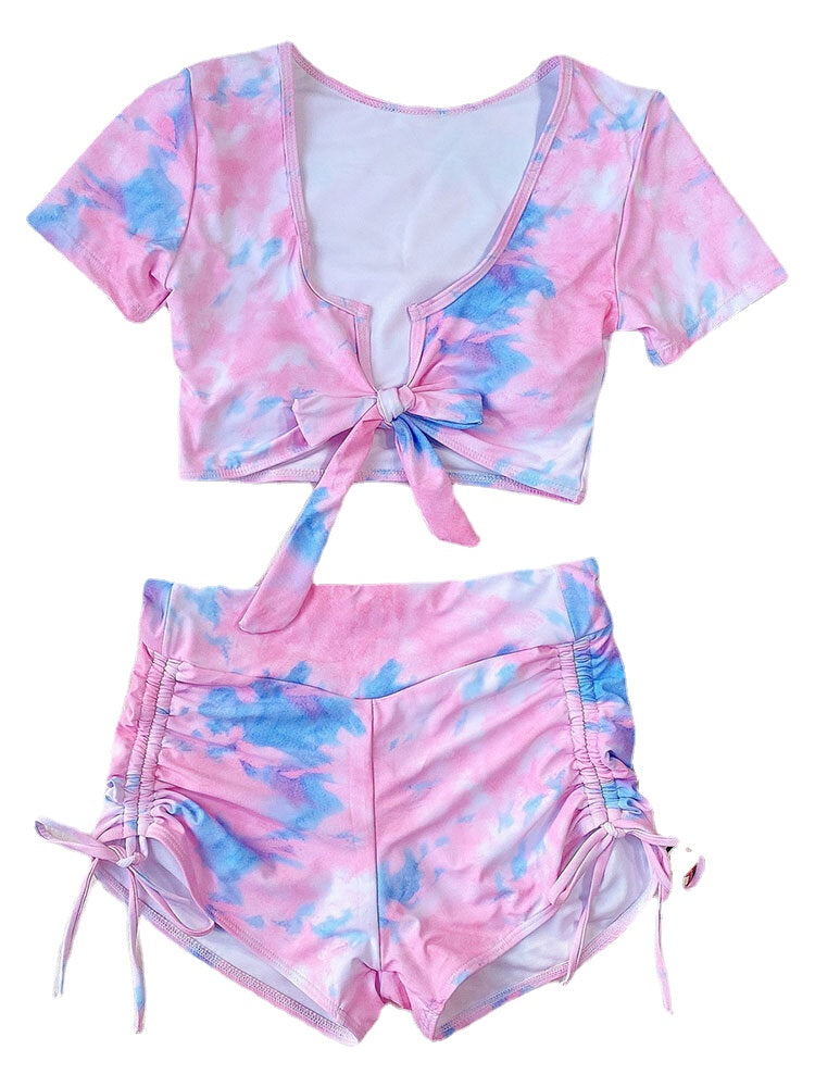 Tie Dye Short Sleeve Knotted Top Side Drawstring Shorts Holiday Casual High Waist Women Bikini