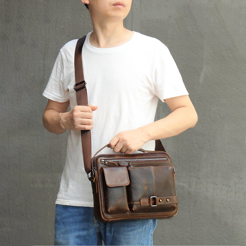 Men Oil Wax Leather Large Capacity Waterproof Messenger Bag Briefcase Multi-pocket Cowhide Crossbody Bags Shoulder