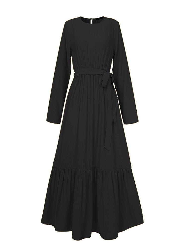 Women Vintage Pleated Spliced Belted Loose Long Sleeve Tunic Casual Maxi Dress