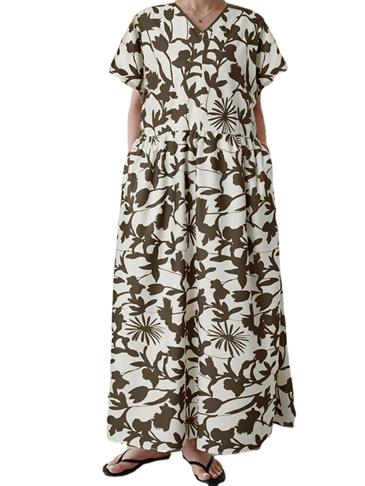 Women Floral Print Bohemian Leisure Maxi Dress With Side Pockets