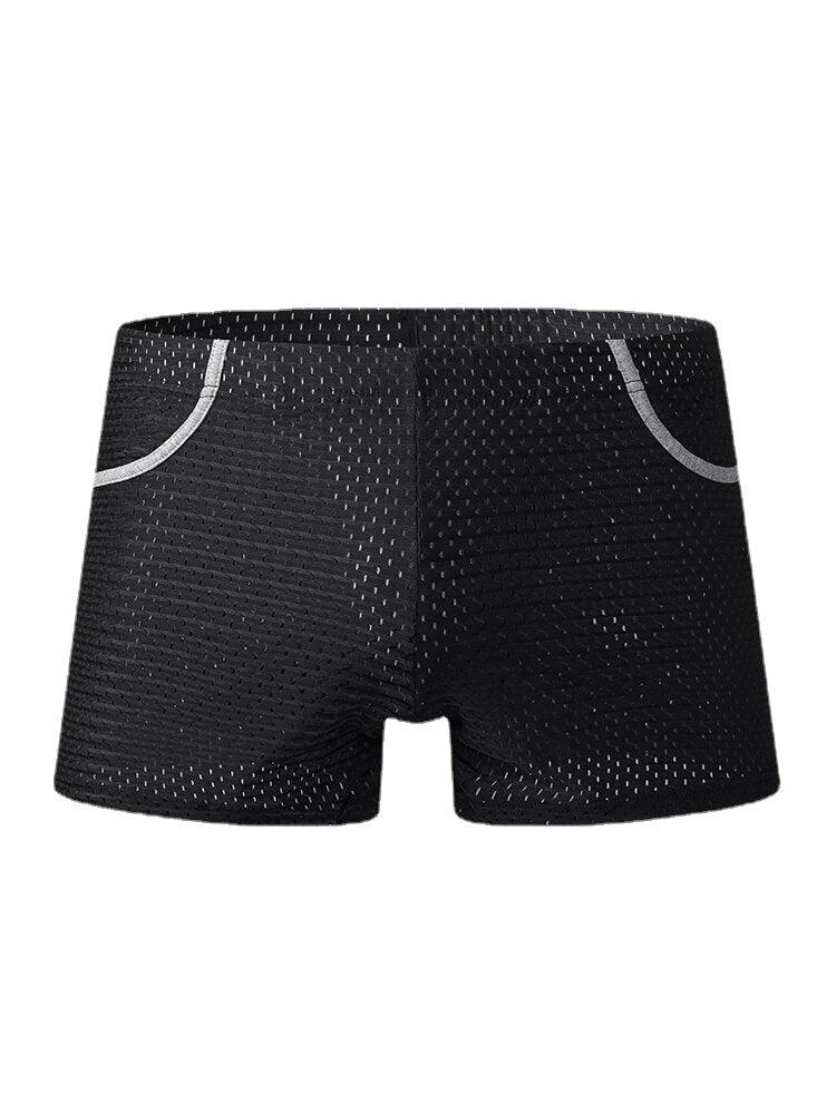 Mens Mesh Breathable Thin Antibacterial Boyshorts Home Boxers Briefs With Pockets