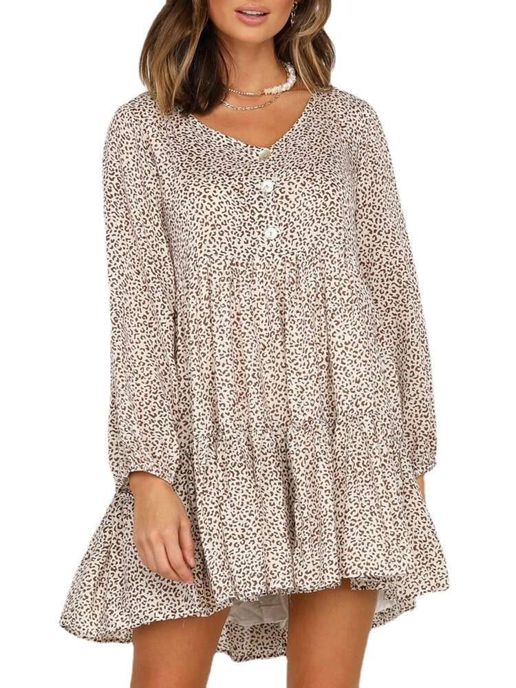 Women Leopard Print V-Neck Button Loose Long Sleeve Dresses