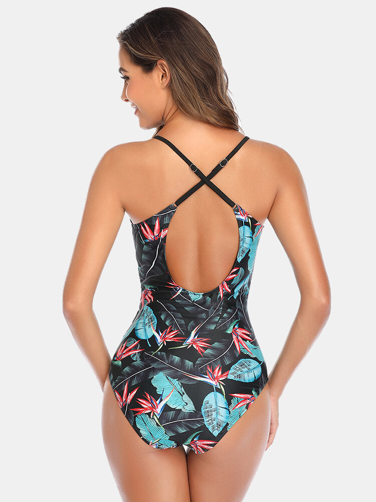 Black V-Neck Backless Flora Criss Cross Ruffled Trim Swimwear