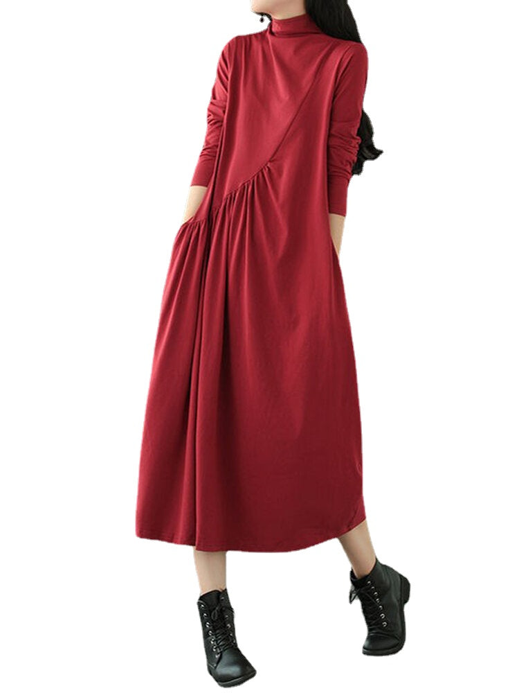 Women Pleated Solid Color Long Sleeve High Neck Casual Dress