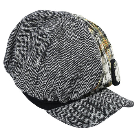Women Retro Patchwork Stripe Plaid Beret Caps Winter Vintage Cotton Painter Newsboy Hat