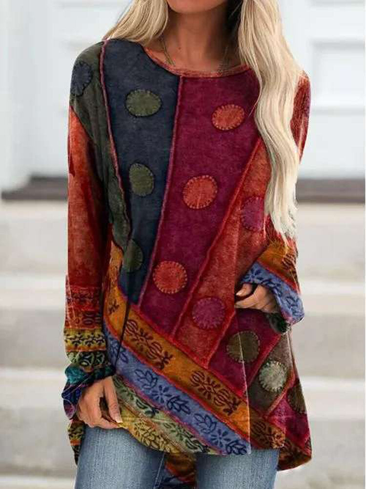 Women Vintage Ethnic Print Drop Shoulder O-Neck Long Sleeve Casual Blouse