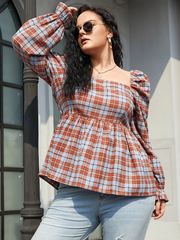 Plus Size Square Neck Plaid Shirring Long Sleeves Blouse