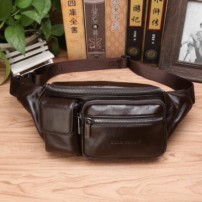 Men Genuine Leather Multifunction Front Flap-Over Zipper Pocket Chest Bag Retro Large Capacity Casual Crossbody Bags Shoulder