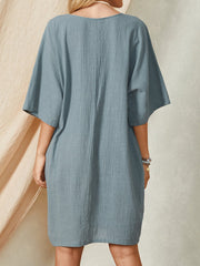 Casual Solid Color V-neck Loose Half Sleeves Pocket Midi Dress