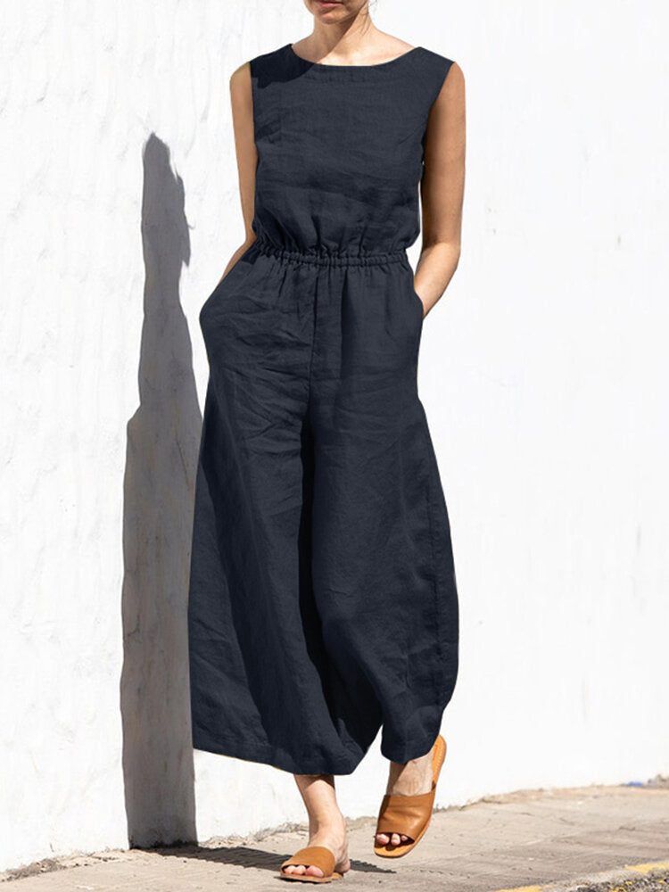 Cotton Solid Pocket Button Elastic Waist Sleeveless Casual Jumpsuit