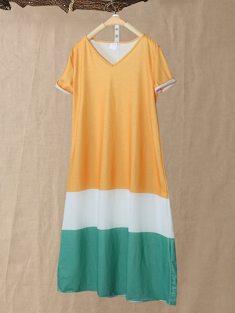 Short Sleeve V-neck Patchwork Casual Color Block Dress