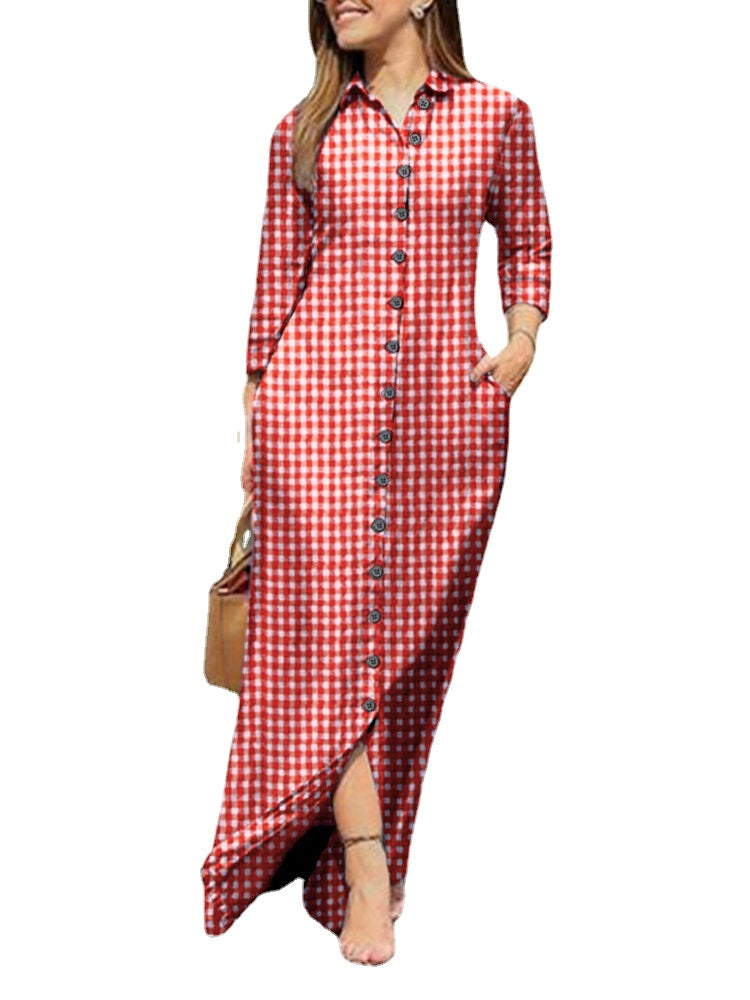 Casual Plaid Lapel Button Long Sleeve Shirt Dress