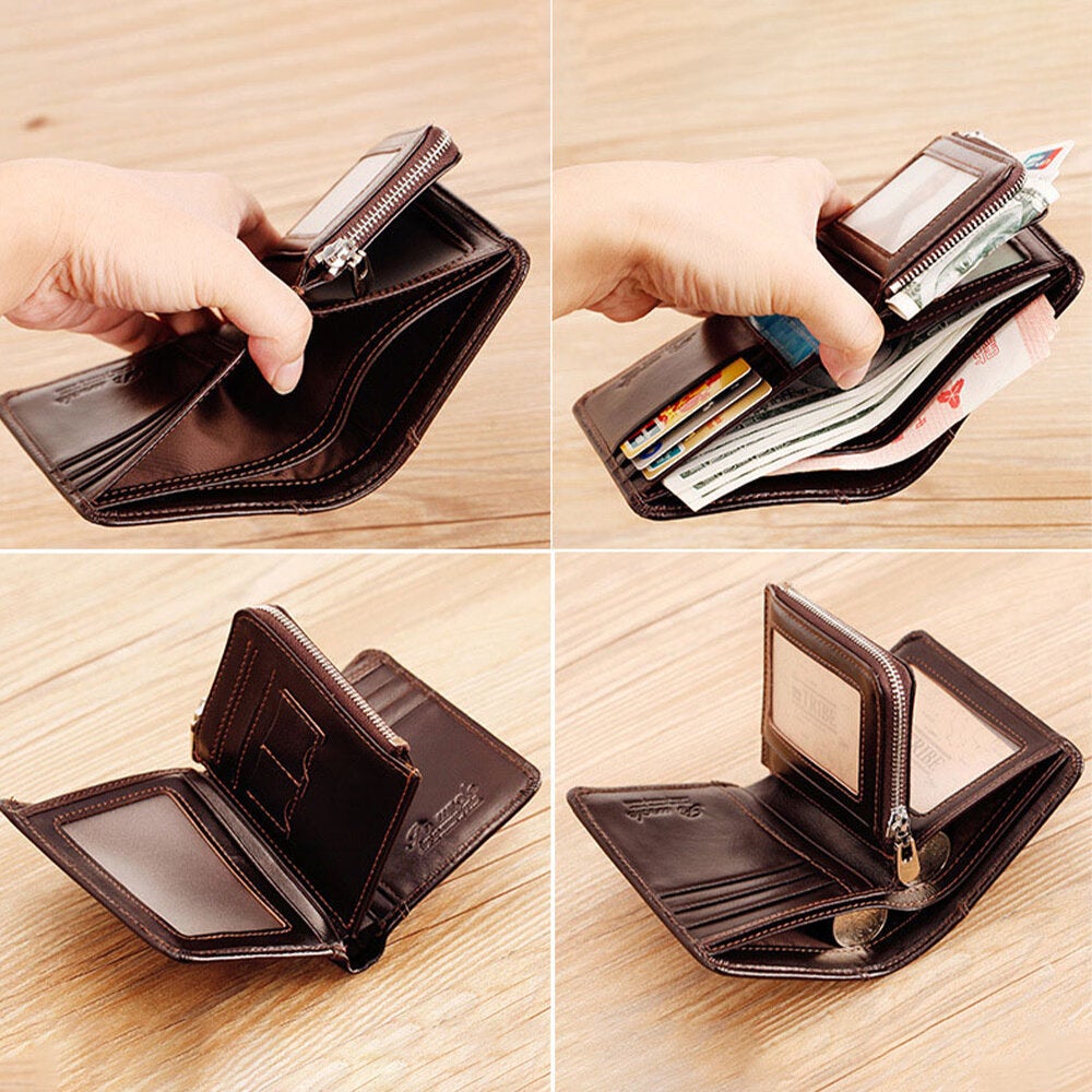 Men Genuine Leather Short Zipper RFID Anti-theft Retro Multi-card Slot Card Holder Coin Purse Wallet Money Clip