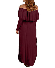 Women Off Shoulder Long Sleeve Side Split Beach Maxi Dress With Pockets