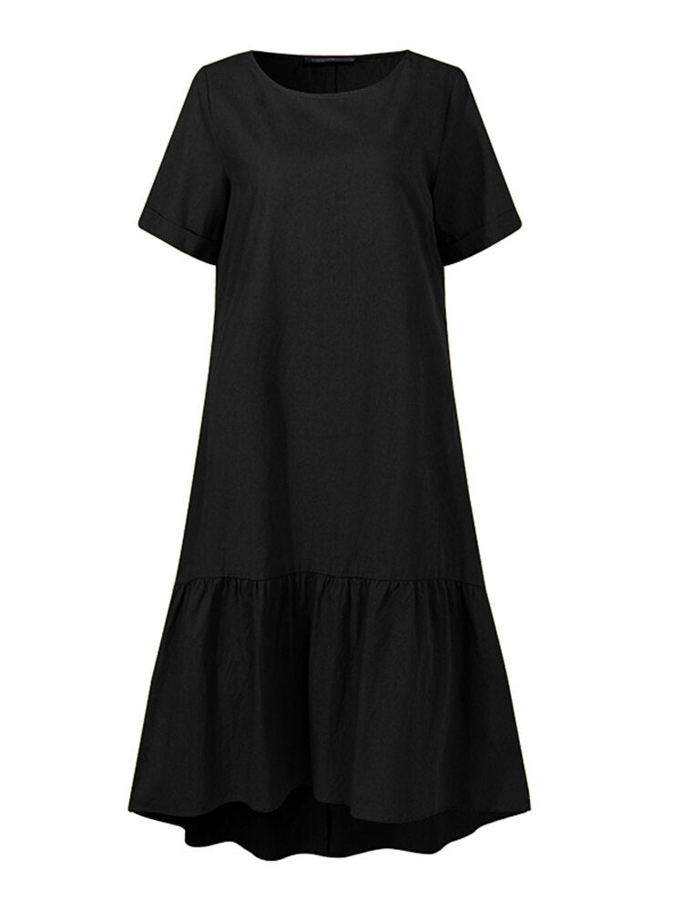 Cotton Women Solid Color Ruffles Round Neck Short Sleeve Casual Dresses