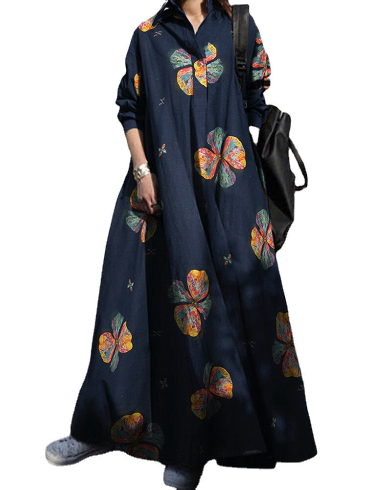 Women Retro Floral Print Lapel Bohemian Loose Long Sleeve Maxi Shirt Dress With Pocket