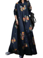 Women Retro Floral Print Lapel Bohemian Loose Long Sleeve Maxi Shirt Dress With Pocket