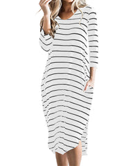 Women Stripes 3/4 Sleeves High Low Hem Dress with Pocket